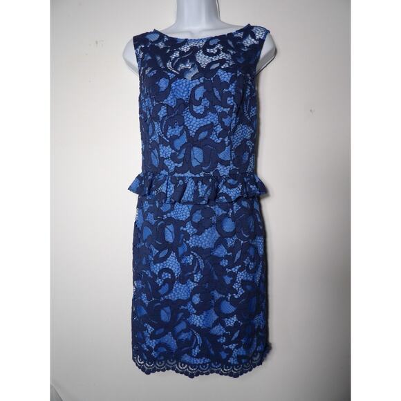 Lilly Pulitzer Sz 2 Dress Blue Lace Peplum Knee Modest Sleeveless Eyelet Keyhole - Picture 4 of 14